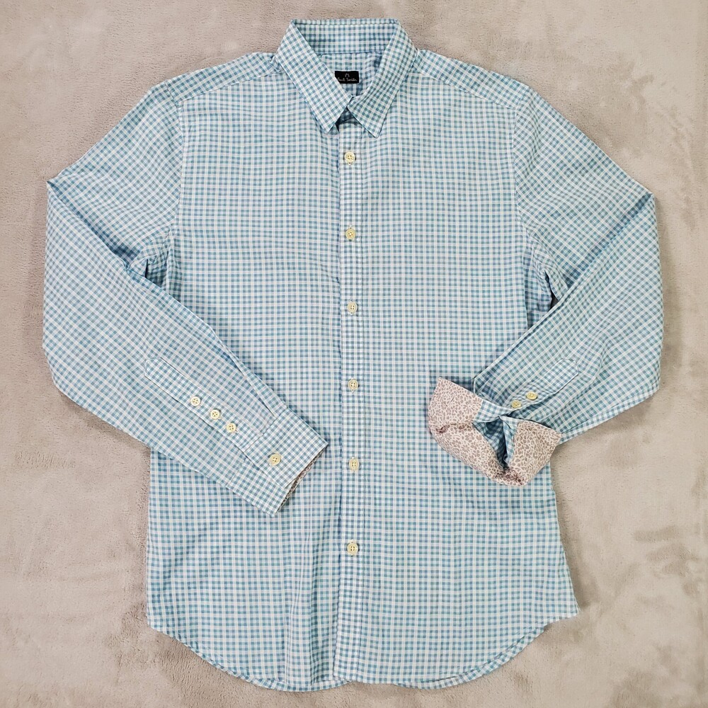 Paul Smith Button Up Shirt Men Small Slim Fit Aqua Blue Shepherd Check Flip Cuff